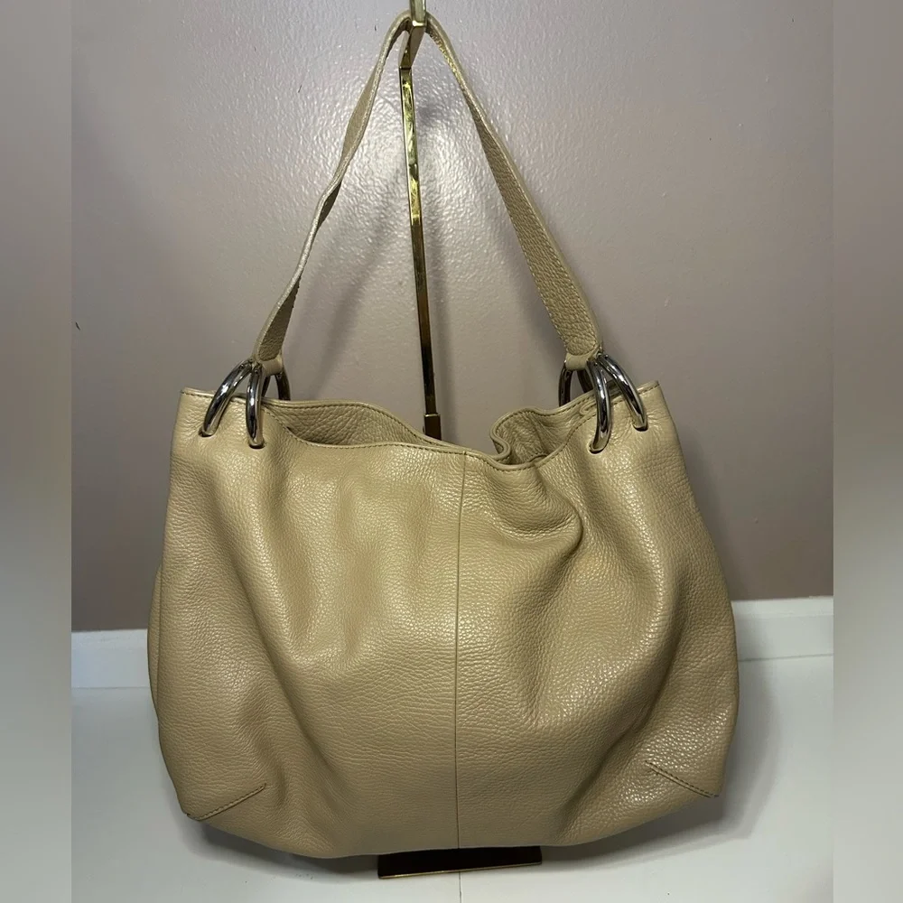 Furla Light Taupe Pebbled Leather Hobo Shoulder Bag with Tassel - EUC